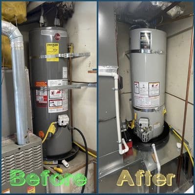 Before and after photos of a water heater replacement: the old unit beside the new heater with fresh venting, strapping and connections.